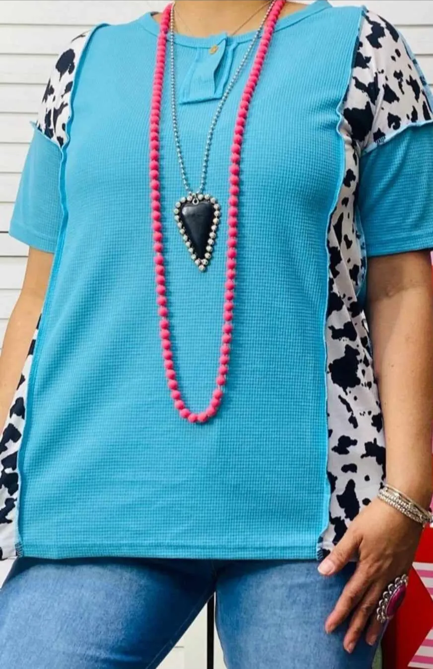 Turquoise waffle knit top cow print sides