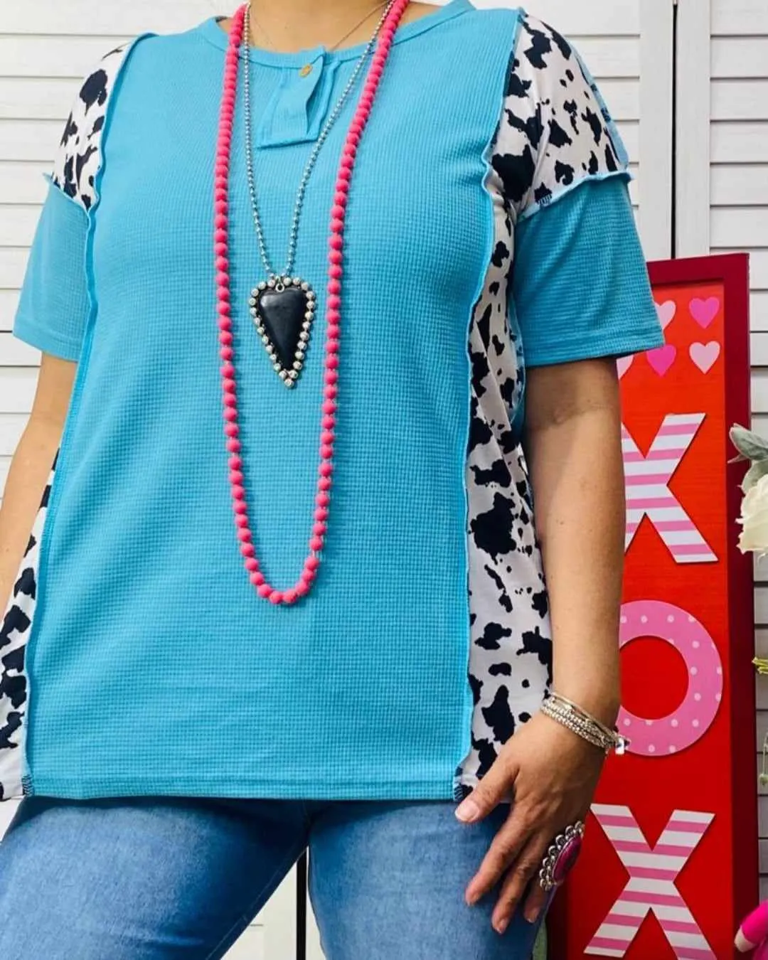 Turquoise waffle knit top cow print sides