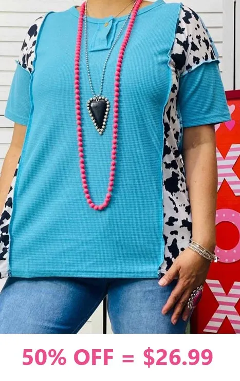 Turquoise waffle knit top cow print sides