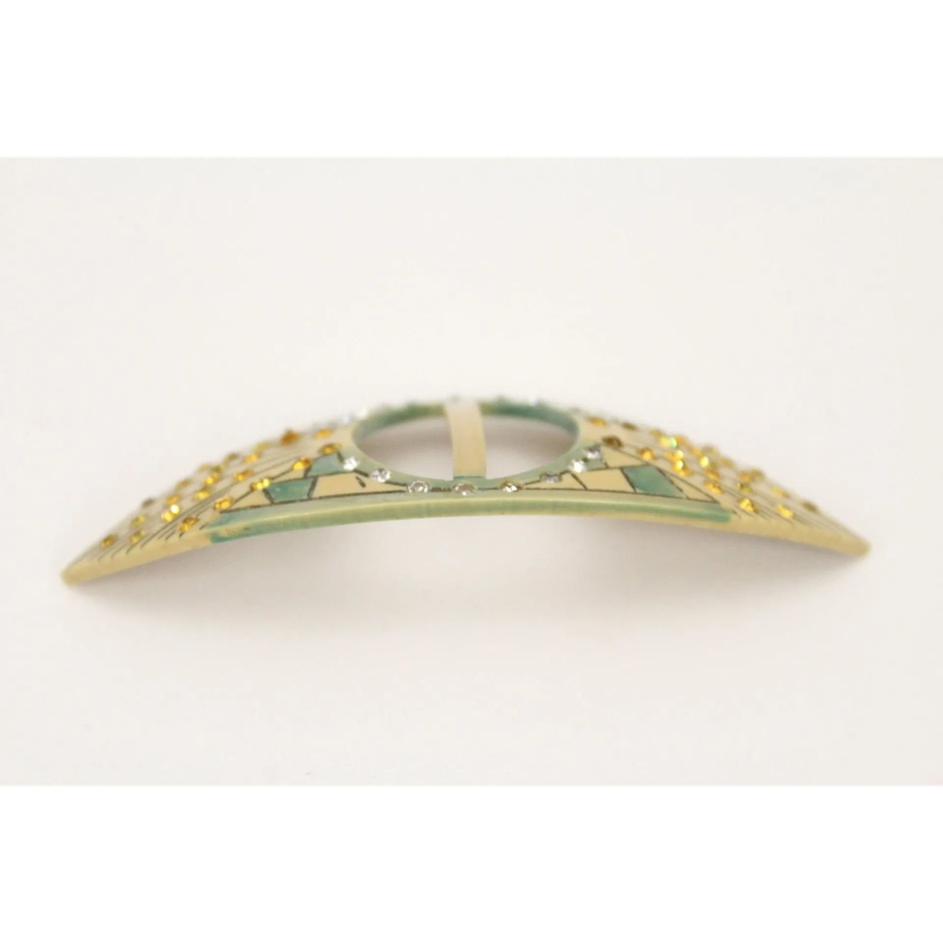 Vintage 1920s Art Deco Celluloid Buckle Hat Ornament Green Ivory Amber Rhinestones 3.5"