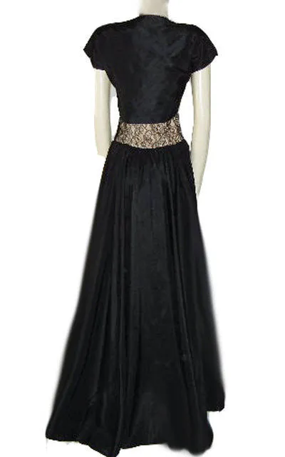 *VINTAGE '40s TAFFETA WITH PEACH & BLACK LACE GRAND SWEEP EVENING GOWN WITH MATCHING BOLERO JACKET & METAL ZIPPER