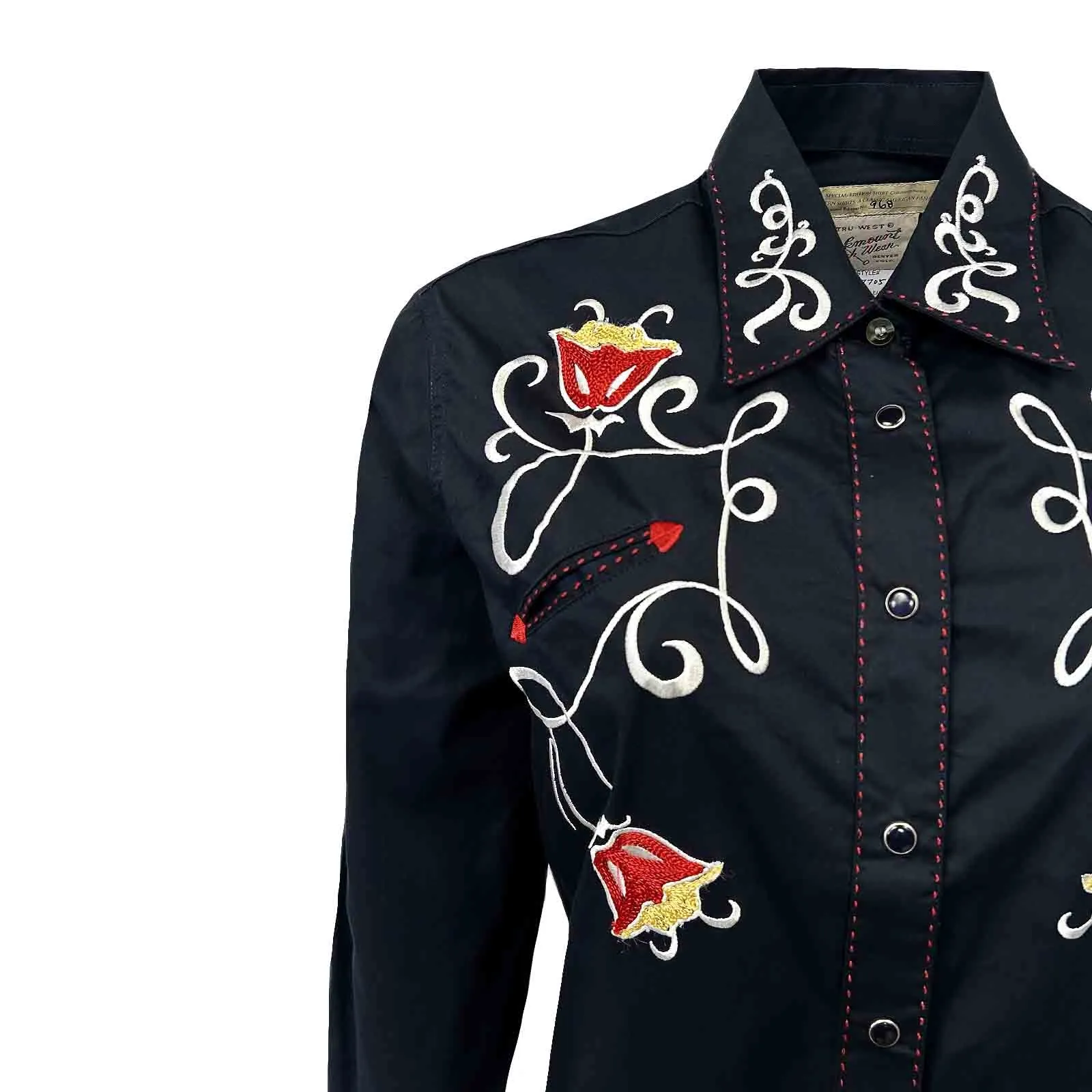 Women's Art Deco Floral Embroidery Navy Western Shirt