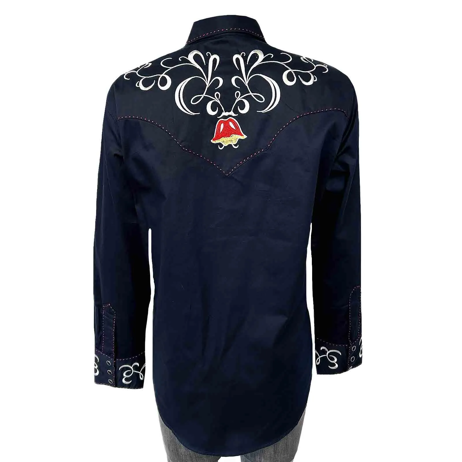 Women's Art Deco Floral Embroidery Navy Western Shirt