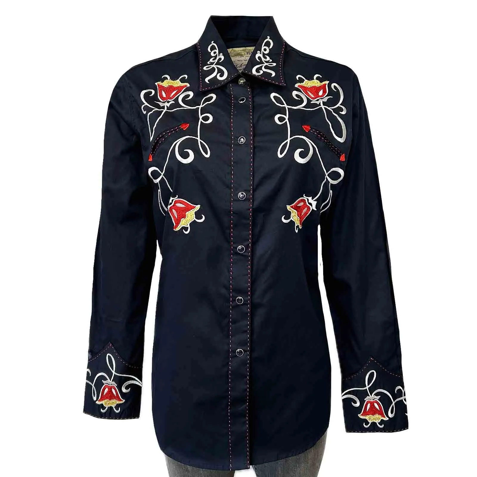 Women's Art Deco Floral Embroidery Navy Western Shirt