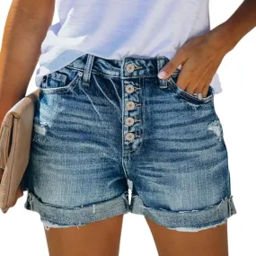 Women's Ripped Denim Jean Shorts Stretchy Folded Hem Short Jeans